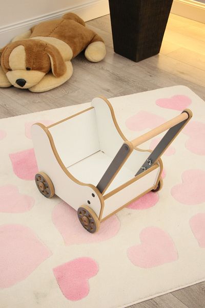 HobiMax Wooden White Toy Baby Carriage