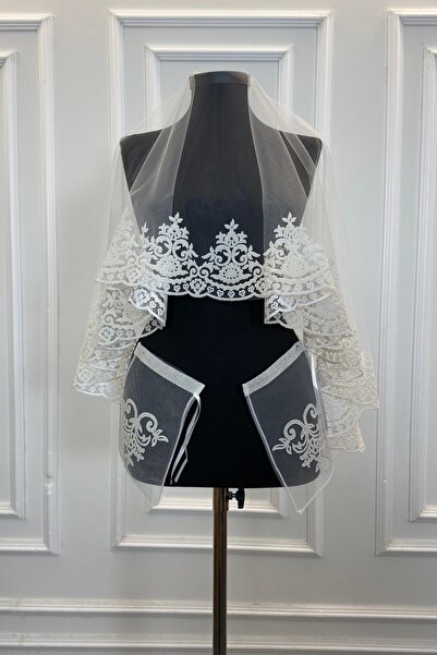 ZEYMERADE Beyaz Gelin Duvak Seti Klasik Desen Flok Baskı Simli Kına Duvağı