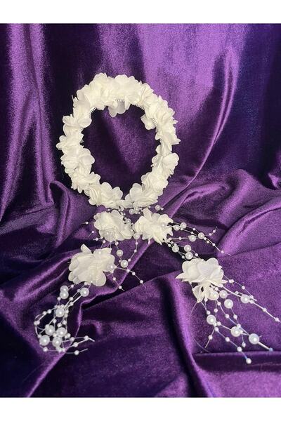 YAĞIZ BİJUTERİ Coroană din șifon alb cu flori și cercei
