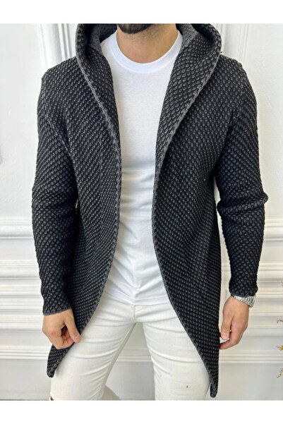 elkumoda Hırka Kapüşonlu Örgü Triko Uzun Panço Hırka