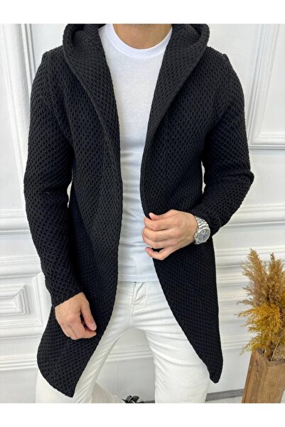 elkumoda Hırka Kapüşonlu Örgü Triko Uzun Panço Hırka