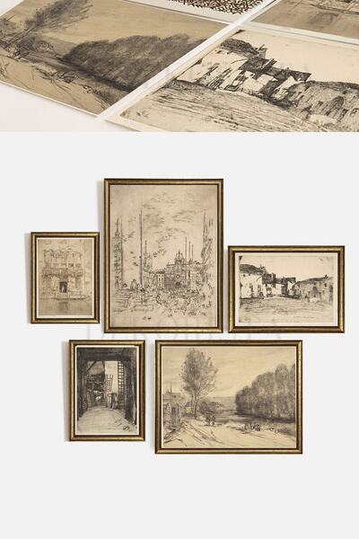 HOME DEKORİSTA Çerçeveli CAMLI Vintage 5'li Tablo Seti, Galeri Duvarı, Sanats...