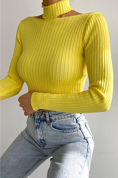 FEMELLE Women's Yellow New Season Collar Detailed Standard Size Ribbed Fisherman Knitwear Sweatshirt