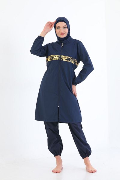 Elif Okur Full Covered Micro Hijab Swimsuit Navy Blue 7561