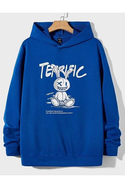 AFROGİYİM Women's Terrifick Rabbit Printed Blue Oversize Hooded Sweatshirt