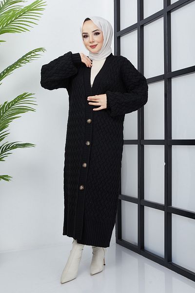 Pamuk Butik Γυναικεία Πλεκτή Ζακέτα Πλεκτή Μαύρη Καλάθι Ολόσωμη Ζακέτα