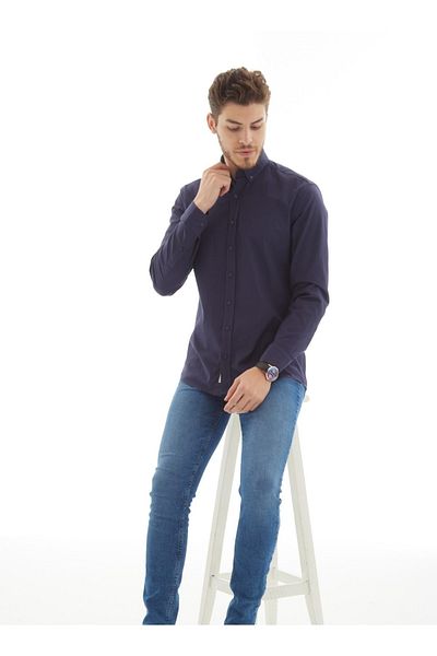 RAVANELLI Ανδρικό μακρυμάνικο πουκάμισο Vessmen Navy Blue Slimfit Cotton Oxford Lycra γιακά με κουμπιά