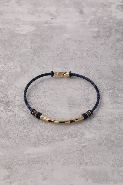 Uşaklıhafız 1945 14 Ayar Altın Lacivert Çelik Silindir Detaylı Erkek Bileklik