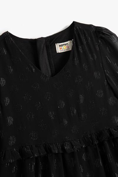 Koton Elbise Tüllü Parıltılı Uzun Kollu Fırfırlı V Yaka