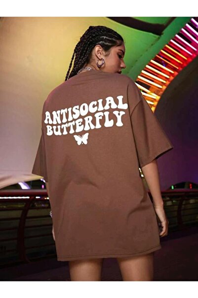 MOONBULL Brown Antisocial Printed Oversize T-shirt