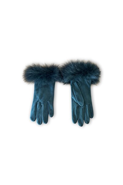 yosma Thing Yeşil Süet Eldiven Kürklü Kurklu