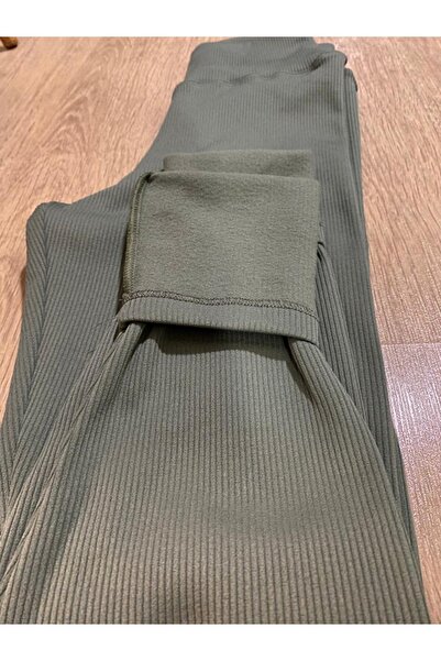 VOSSAX Women's Ribbed High Waist Gathering Khaki Leggings with Fleece Inside