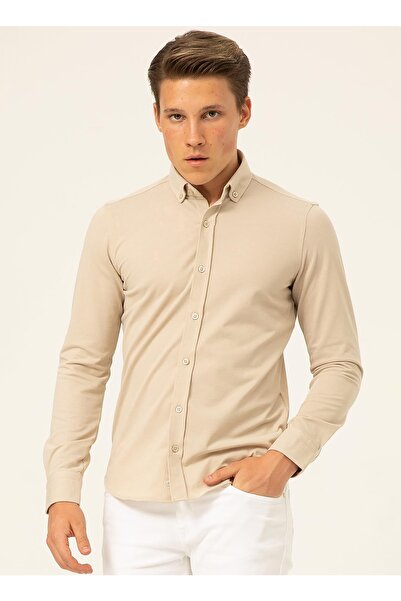 SÜVARİ Düğmeli Yaka Armürlü Bej Erkek Gömlek Gm2025500407