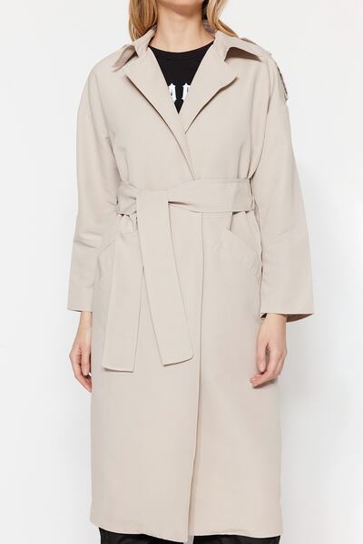 Trendyol Collection Stone Oversize široký střih s páskem Detailní dlouhý trenčkot TWOSS20TR0007