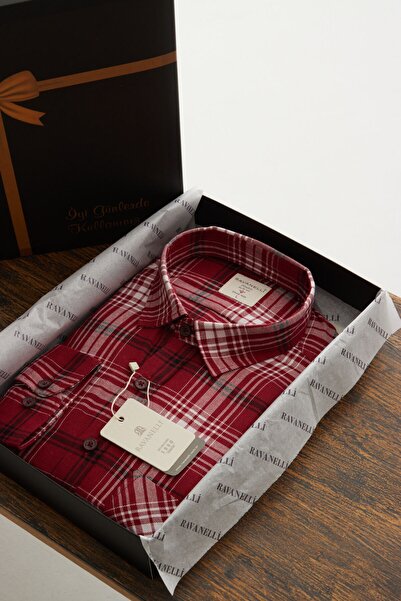 RAVANELLI Vessmen Claret Red Checked Slimfit Gift Boxed Cotton Long Sleeve Men's Shirt