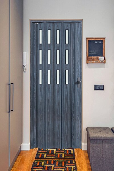 FARAN DEKORASYON 72 X 230 Antrasit Renk Camlı Pvc Akordiyon Katlanır Kapı - F...