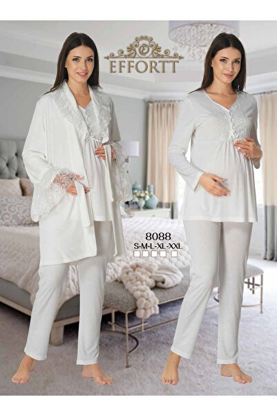 Effortt Velvet Dressing Gown Lace Detailed Maternity Pajamas Set