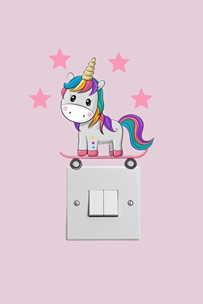 Beyaz Grafik Kaykaylı Unicorn Priz Sticker
