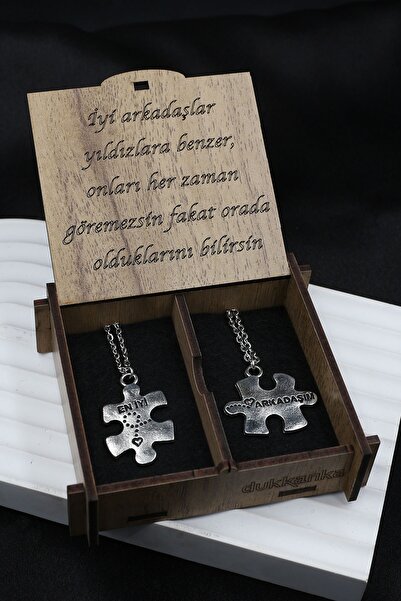 Dukkanka 2'li Puzzle Best Friends Metal Kolye Yazılı Özel Ahşap Hediye Kutulu