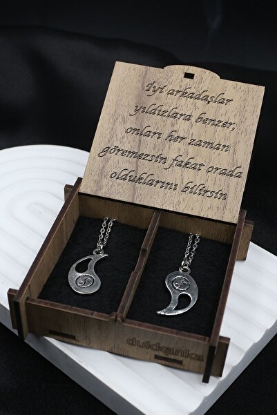 Dukkanka 2'li Ying Yang Sevgili Kolye Metal Kolye Yazılı Özel Ahşap Hediye Ku...