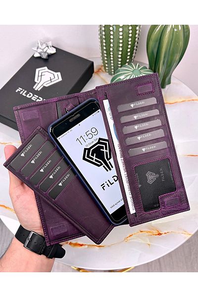 Fil Deri With Phone Compartment - Genuine Leather - Magnetic - Multi-Compartment - Wallet and Card Holder Tumbled Leather 2047