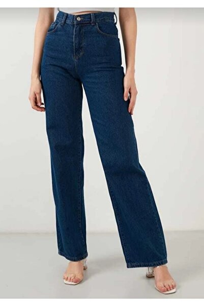 LAMİRA بنطلون بالازو فضفاض من الليكرا المرن ذو الخصر العالي جداً باللون الأزرق الداكن