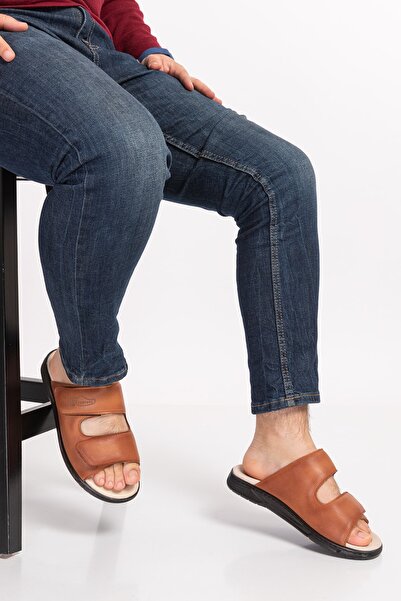 DİA COMFORT Erkek Taba Diyabetik Ve Tam Ortopedik  Hakiki Deri Terlik