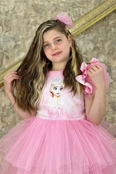 ABİYEKİDS Elsa Katkat Tarz Model Parti Elbisesi Pembe Aby735