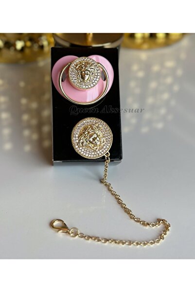 QUEEN AKSESUAR Ithal Lüks Trend Marka Logo Pembe Kız Bebek Kristal Taşlı Emzik Zincirli Askı Gold Altın