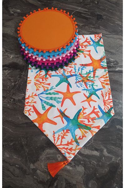 dehaberk Starfish Pattern Runner + 6 Pieces Pompom Placemat Plate Set