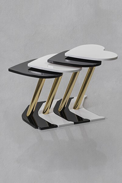 Veys Sehpa 4 Lü Gold Kalp Zigon Sehpa - Siyah - Beyaz