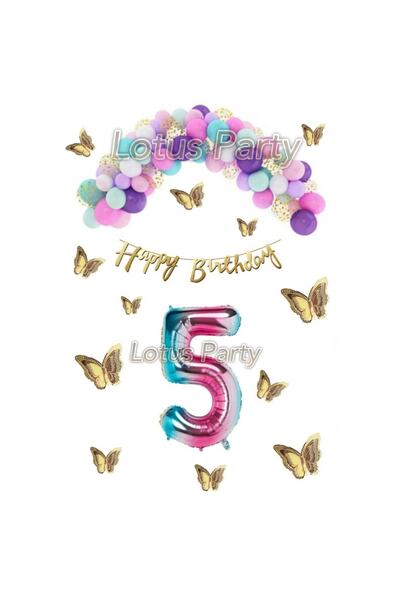 LOTUS PARTY 5 Year Old Birthday Set Butterfly Rainbow Unicorn Concept Macaron Balloon Chain