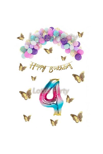LOTUS PARTY 4 Year Old Birthday Set Butterfly Rainbow Unicorn Concept Macaron Balloon Chain