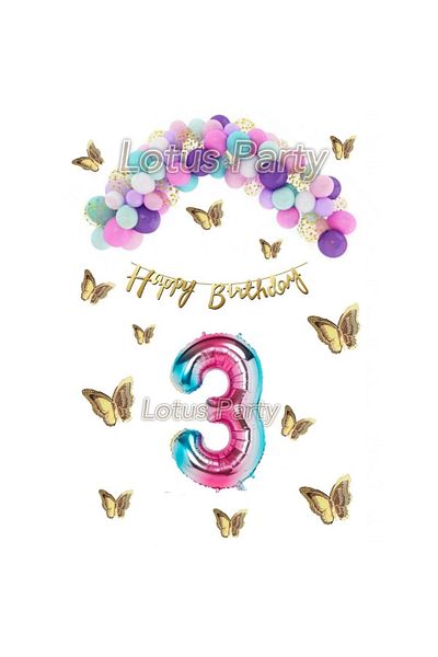 LOTUS PARTY 3 Year Old Birthday Set Butterfly Rainbow Unicorn Concept Macaron Balloon Chain