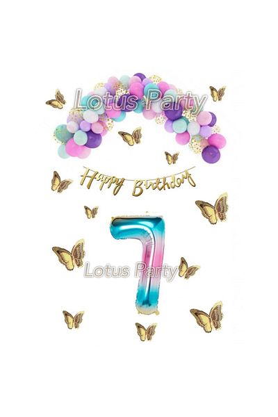 LOTUS PARTY 7 Year Old Birthday Set Butterfly Rainbow Unicorn Concept Macaron Balloon Chain