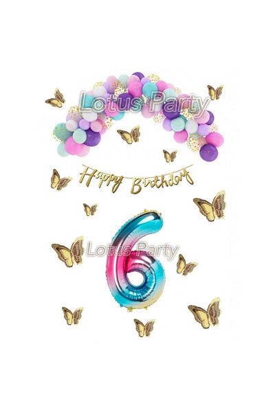 LOTUS PARTY 6 Year Old Birthday Set Butterfly Rainbow Unicorn Concept Macaron Balloon Chain