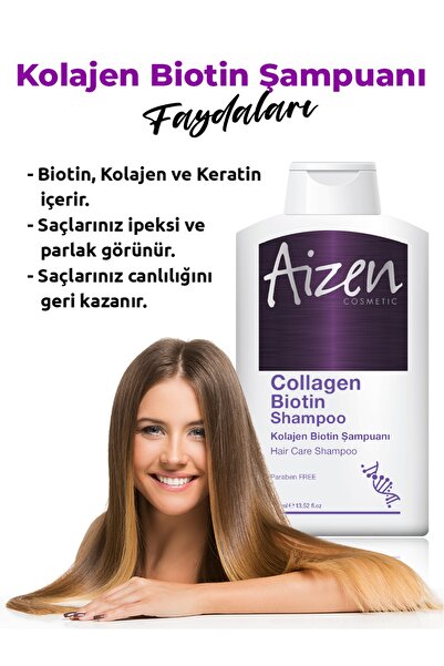 Aizen Collagen Biotin Shampoo - Dökülme - Büyütme - Kırıklar - Zayıf Saçlar - 400ml X 2adet