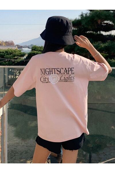 Benisengiydir Women's Pink Night Printed Oversize Crew Neck Tshirt