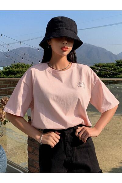 Benisengiydir Women's Pink Night Printed Oversize Crew Neck Tshirt