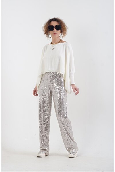 Zelish My Sister Φαρδύ παντελόνι με παγιέτες σε μπεζ χρώμα