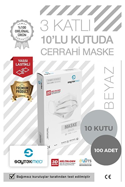 SAYTEKMED Meltblown Filtreli 3 Katlı Yassı Ipli 10'lu Pakette Beyaz Maske (100 ADET/10 KUTU)