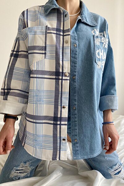 MARKETUNGA Women's Plaid Woven Jeans Denim Jacket