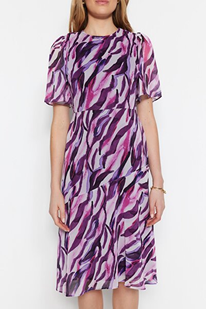 Trendyol Collection Fioletowa tkana sukienka midi w zwierzęcy wzór z podszewką w kształcie litery A TWOSS20EL0908