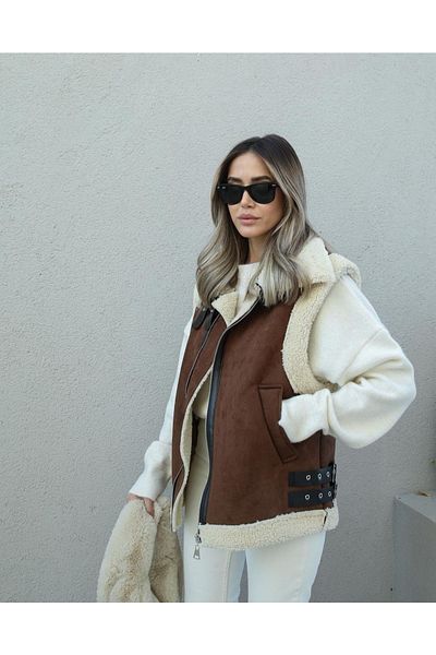 Moda Mix Avcılar Pelzige Wildleder-Look-Weste für Damen