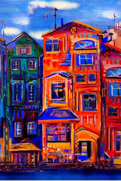 Morfil Sanat Atölyesi City Life Town Oil Painting Effect Decorative Canvas Painting 7 Different Sizes