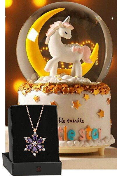 Zemtigo Orta Boy Unicorn Temalı Müzikli Ve Işıklı Kar Küresi Unicorn Kar Küresi & Lotus Kamelya Çiçeği Kolye