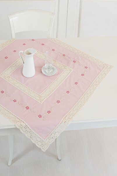 ÖDEL HOME Pudra Buldan Kumaşı Dantelli Işlemeli 90x90 Cm Masa Örtüsü