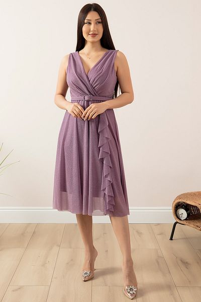PULLIMM Glitter Zero Sleeve Double Breasted Collar Flounce Dress 13405