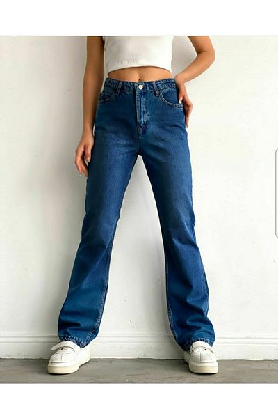 Trn JNS Lesta Deep Blue Power Lycra Pantaloni de damă cu talie înaltă, cu picioare largi, blugi largi