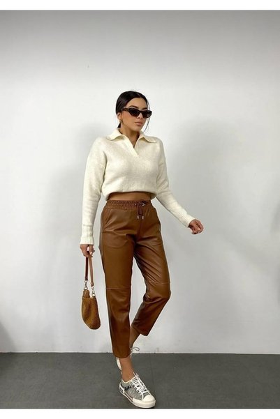 MODA SERYA Kadın Çift Cep Deri Pantalon